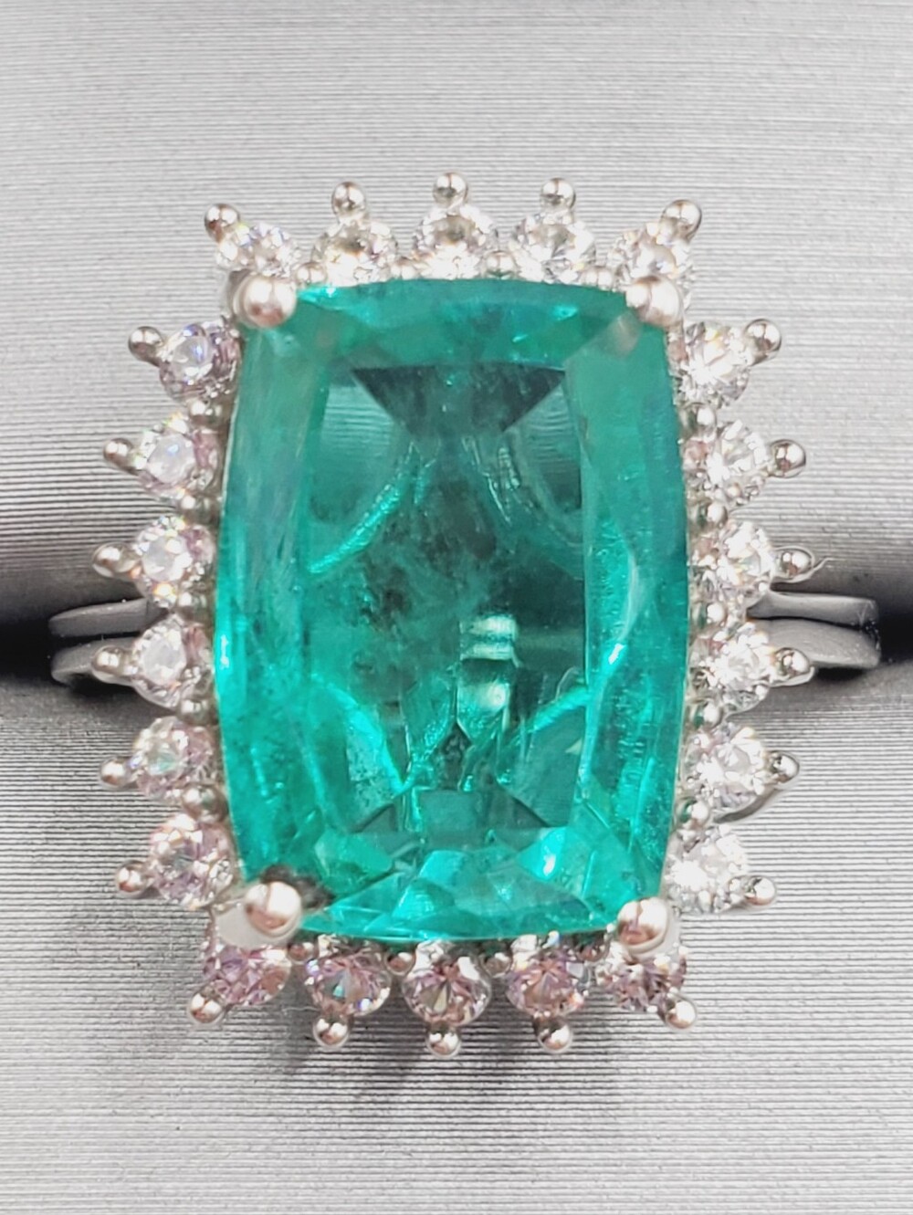 Emerald Green Quartz & White Zircon Halo Ring - Platinum - 925 Sterling Silver